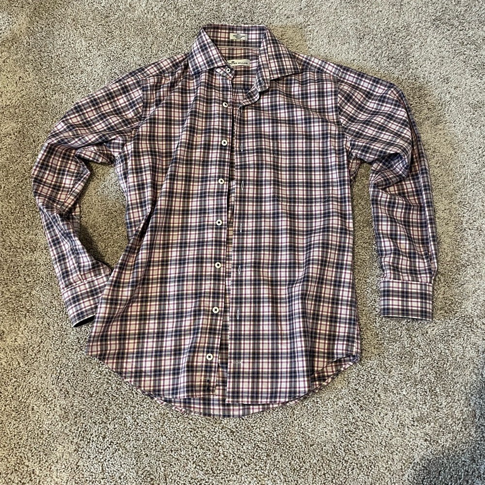 Mens Peter Millar Buttondown button down shirt size small red navy gray gingham